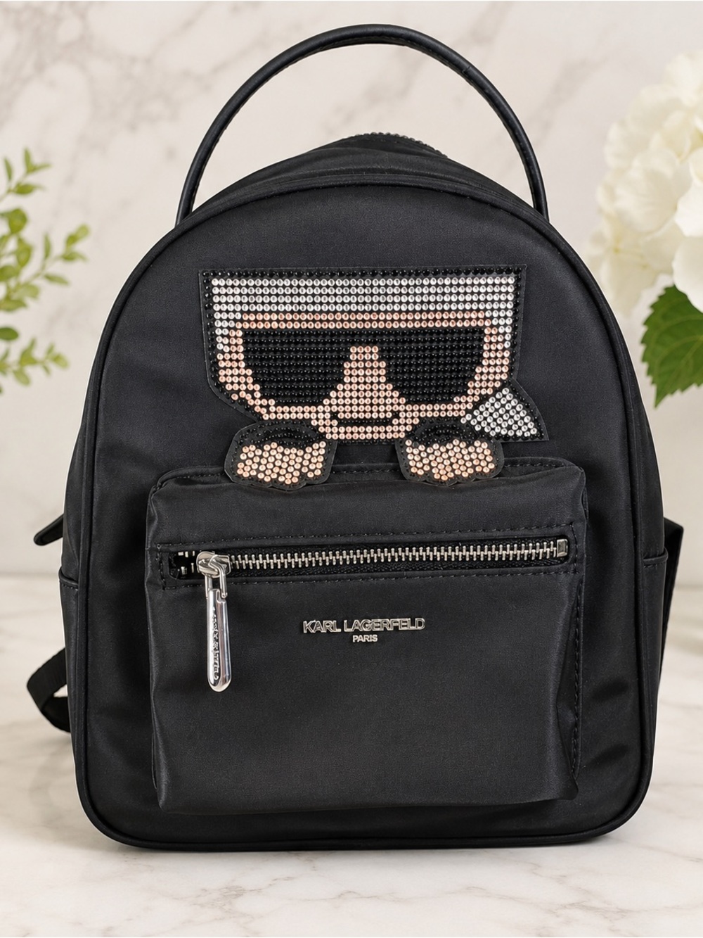 Karl Lagerfeld Paris Black Rhinestone Icon Mini Backpack